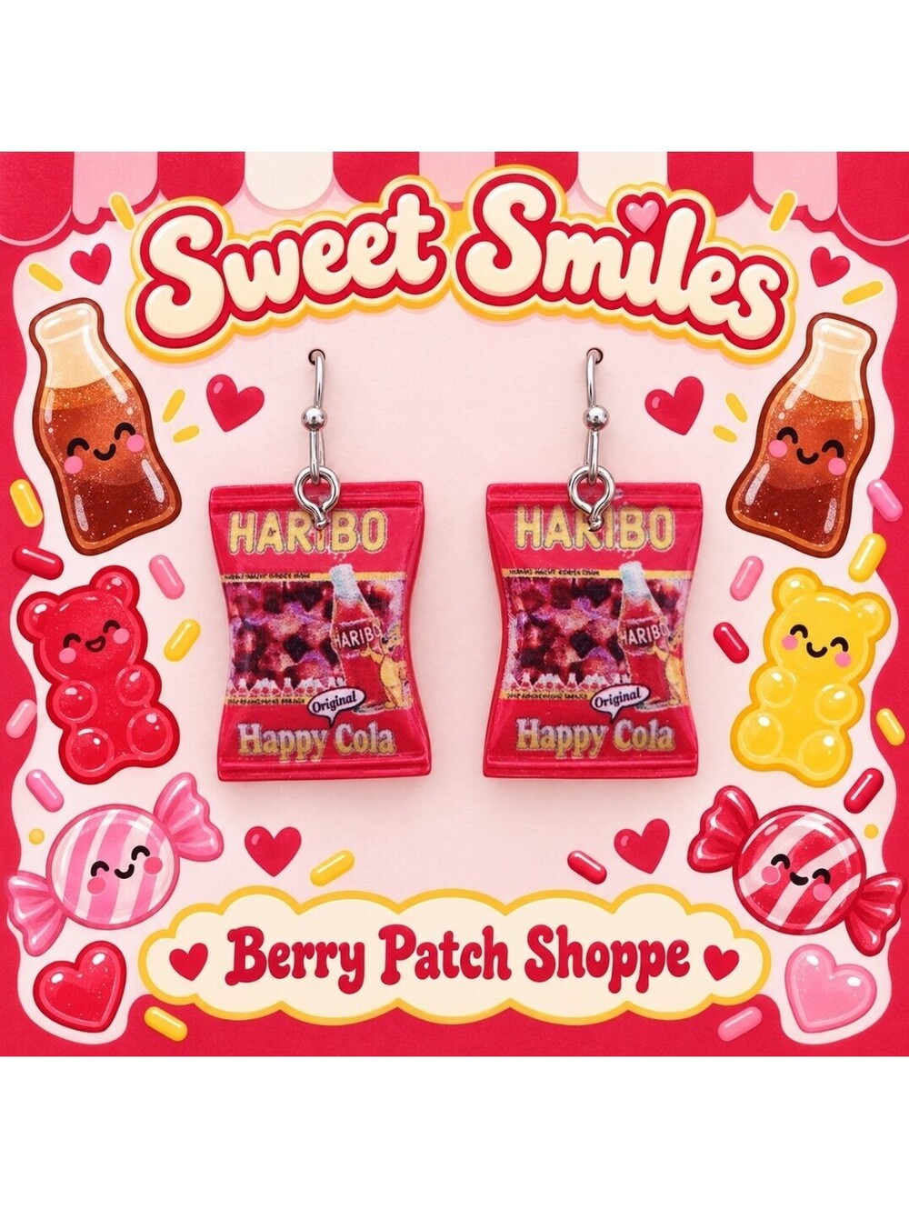 Fun Jewelry Mini Haribo Happy Cola Gummies Candy Hypoallergenic Earrings